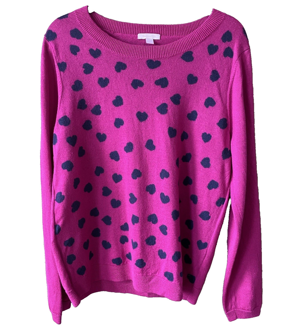 Garnet Hill Sweater Womens Size XL Wool Crewneck Pink & Navy Blue Hearts Popover